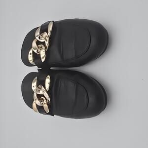 Steve Madden Kandi Loafer Black Leather Mules with Gold Chain Detail